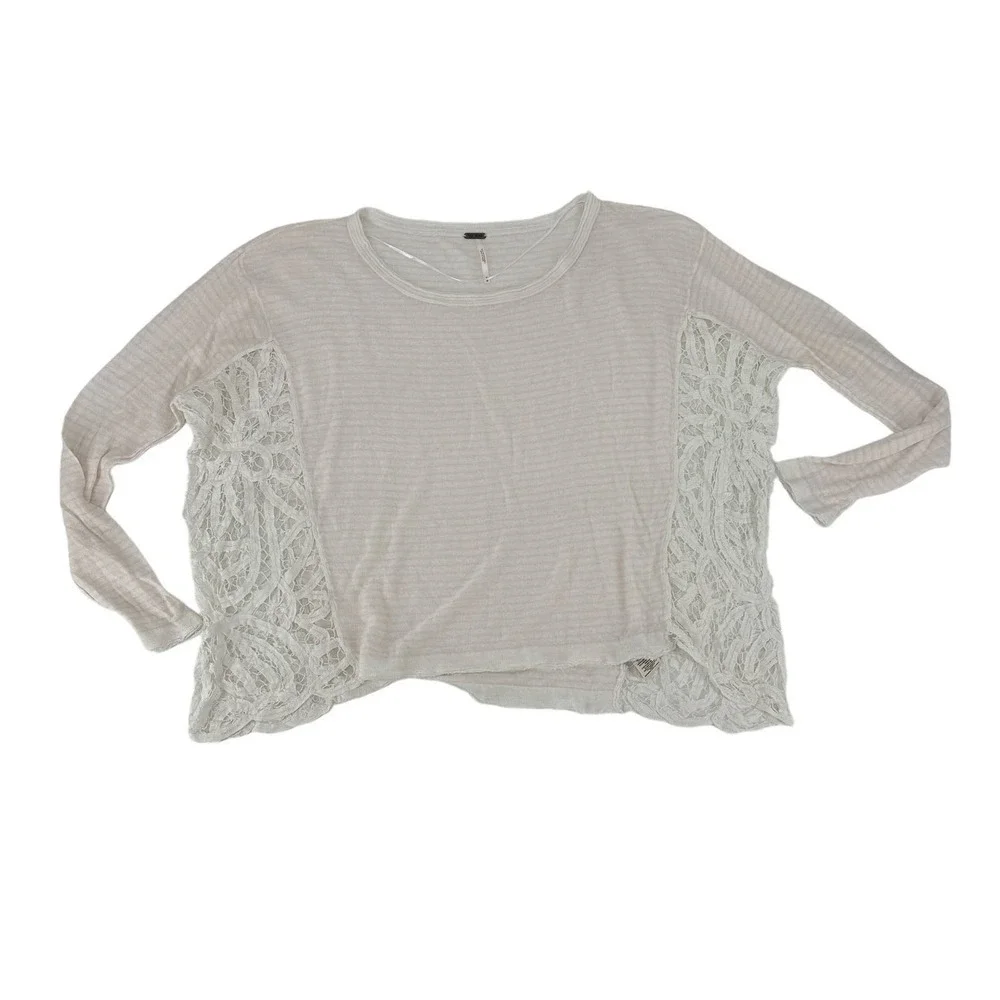 Free People Womens Pullover Sweater White Crochet Top Scoop Neck Knit Size M